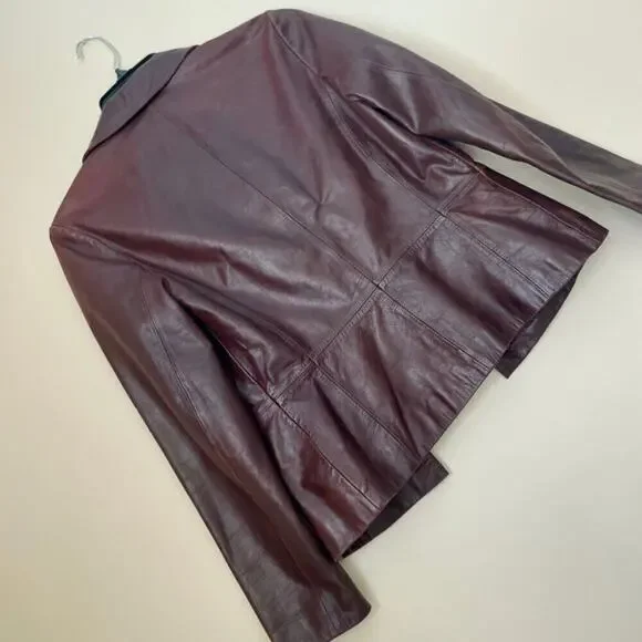 Y2K 90’s CHEVIGNON TRUCKER JACKET BLAZER COW GRAIN LEATHER MAROON SZ L VERSATILE - Picture 11 of 16